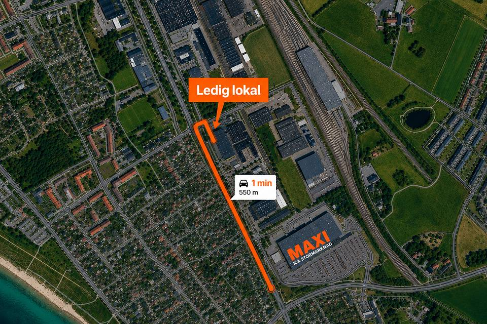 Karta som visar den lediga lokalens läge, 550 meter från ICA Maxi